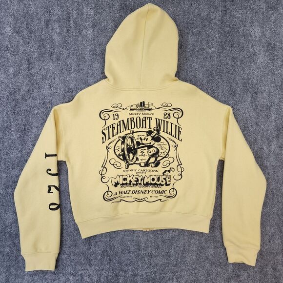 Disney Hoodie Womens Medium Yellow Mickey Mouse Steamboat Willie Disney 100 Crop - Picture 1 of 13